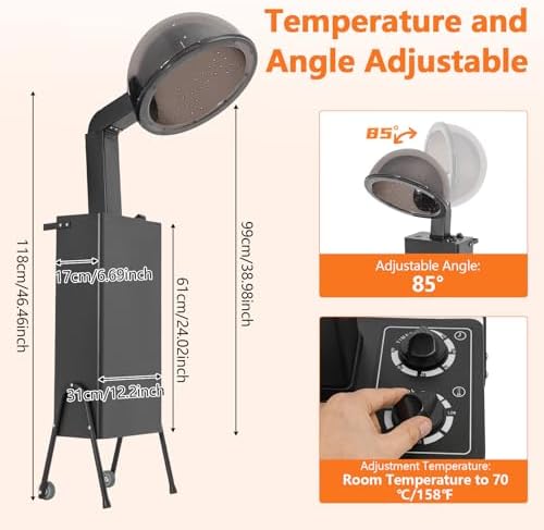 Hooded Hair Dryer, Hair Dryer Bonnet for Salon with 3-Setting Temperature Control & 60 Minute Timer, 1200W Salon Hair Dryers with Wheels for Spas, Homes - Image 4