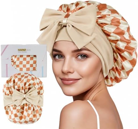 ZIMASILK 100% Mulberry Silk Bonnet for Sleeping Women Long Hair, Checkered by ZIMASILK