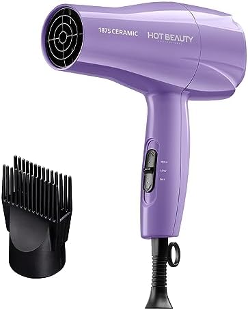 Hot Beauty 1875 Ceramic Hair Dryer, Powerful Fast Drying, Multi-Setting with Comb Attachment, Additional Detangler Included, Slide Bar Switch, Compact for Home & Travel (Purple) by HotBeauty