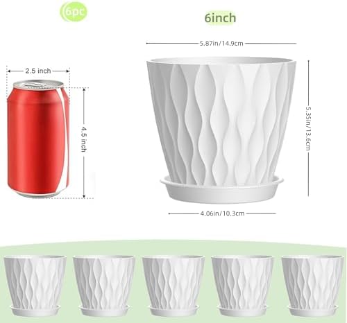 6 Inch Plant Pots, 6 Pack Indoor Flower Pots, Planters with Drainage Holes and Trays for Orchids, Violets, Succulents, Herbs, and Other Plants,White - Image 2
