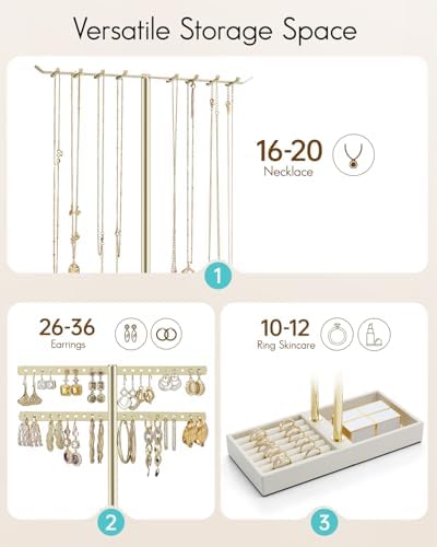 VLANDO 2 Tier Jewelry Stand Organizer with Tary, Leather Jewelry Holder Display for Women, Gold Jewlery Holder Stand for Necklace, Earring, Bracelet, Rings - Cloud White - Image 2