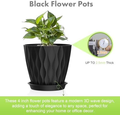 Meowell 4 inch Small Plastic Nursery Pots, Seedling Pots, 5 Set Water Ripples Plant Pots for Indoor Plants, Flower Pots with Drainage Holes and Saucers, Seed Starter Pots for Succulent Plants, Black - Image 2