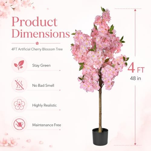Cherry Blossom Tree 4FT Artificial Plants Indoor - Reinforced Spiral Connection Base & Anti-Shedding Silk Sakura Flowers, Faux Pink Tree for Living Room Home Office Bedroom Decor - Image 3