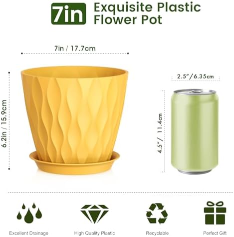 Meowell 7 inch Plant Pots for Indoor Outdoor Plants, 5 Pack Thick Nursery Pots with Drainage Holes and Saucers, 3D Modern Wave Texture Plastic Planter Pots for Flowers and House Plants, Multicolor - Image 2