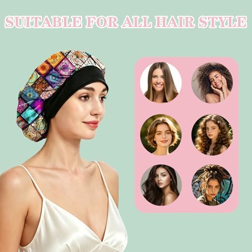 Satin Hair Braid Bonnet for Sleeping Double Layer Tie Band Elastic Wide Soft Silk Lined Nightcap Women Girls Cute - Image 4