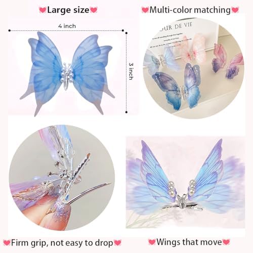 Gradient Butterfly Hair Clips Set - Multi-color Cute Hair Accessories for Girls-Moving 4-inch Large Butterfly(Color B-6PCS) - Image 2