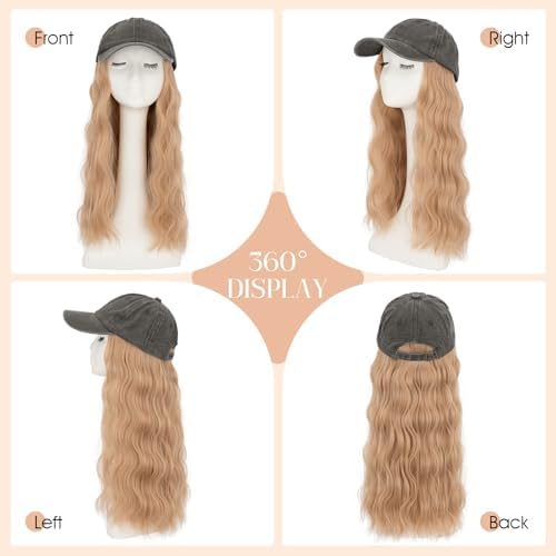 Rich Choices Hat Wigs for Women,Dark Gray Baseball Cap with Hair Extensions for Women,Caps with Wavy Curly Synthetic Long Hair Attached Adjustable Baseball Cap Wig 18 Inch Light Blonde Hair - Image 5
