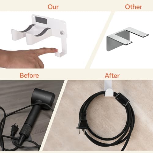 Dyson Hair Dryer Holder, Blow Dryer Holder Self Adhesive Hair Dryer Holder Wall Mounted Aluminum Hair Tool Organizer Blow Dryer Holder for Bathroom White CHOCHYAH - Image 5