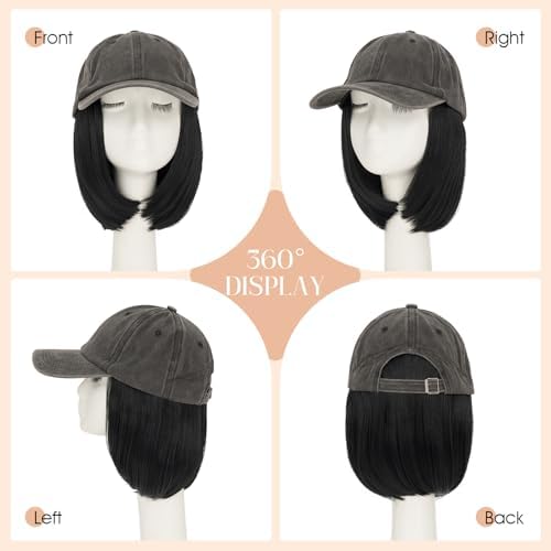 Rich Choices Hat Wigs for Women,Dark Gray Baseball Cap with Hair Extensions for Women,Short Bob Hairstyle Caps with Straight Synthetic Hair Attached Adjustable Baseball Cap Wig 6 Inch Black Hair - Image 4