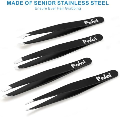 Pefei Tweezers Set - Professional Stainless Steel Tweezers for Eyebrows - Great Precision for Facial Hair, Splinter and Ingrown Hair Removal (Black) (Pack of 2) - Image 4