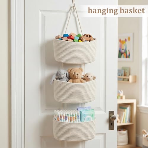 TeoKJ Over the Door Hanging Basket, 3-Tier Woven Cotton Wall-Mounted Storage Organizer Bag Decorative Hanging Nursery Baskets, White - Image 4