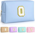 TOPEAST Initial Makeup Bag for Travel, Chenille Letter Pouch Cosmetic Bag, PU Leather Waterproof Toiletry Bag, Personalized Gifts for Bride Bridesmaids, Cute Things for Girls (Sky Blue Q) by TOPEAST