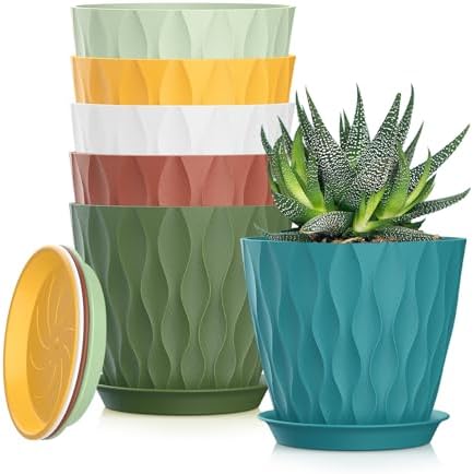 5 Inch Planter Pots, 6 Pack Indoor Planters, Small Flower Pots with Drainage Holes and Tray for Succulents, Orchids, Herbs and Other Indoor Plants (Multicolor, 5inch) by SQKH