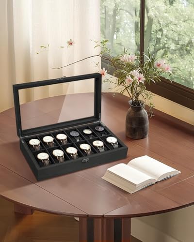Uten Watch Box 12 Slot for Men, Watch Display Case with Soft Pillow, Black - Image 3