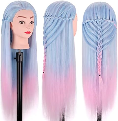 Mannequin Head, TopDirect 29'' Hair with Synthetic Manikin Head Practice Cosmetology Doll Styling Hairdressing Training Braiding Clamp Holder & Tools for Kids Girls, Blue & Pink - Image 2