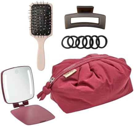 Conair Hair Accessories Kit for Women, Hair Clips, Hair Ties & Detangler Brush Set, No-Damage Styling Essentials for Travel & On-the-Go with Lighted Mirror & Puffer Bag, Burgundy by conair