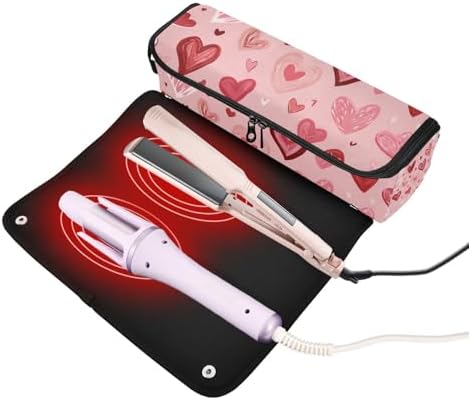Hair Tools Travel Bag with Heat Resistant Mat 2-in-1 Hot Tools Travel Bag Organizer Flat Curling Iron Travel Case for Straightener Pink Cute Hearts - Image 2