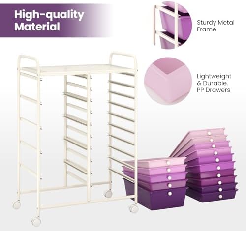 Giantex 15 Drawers Rolling Cart, Classroom Organizers, Storage Cart with Wheels, for Teacher Office Home School Supplies Tool Craft Art Paper, Purple Gradient - Image 7
