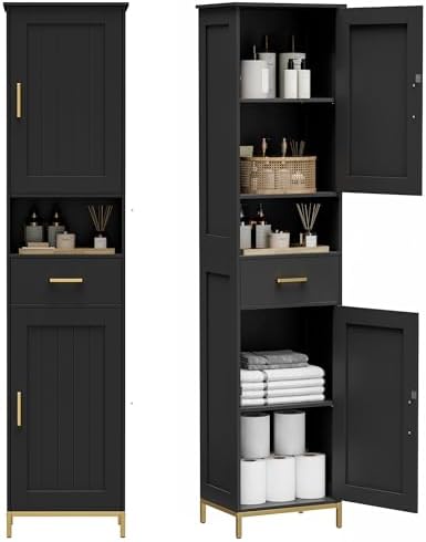 Homhedy 67" H Bathroom Storage Cabinet, Tall Bathroom Cabinet, Black by Homhedy