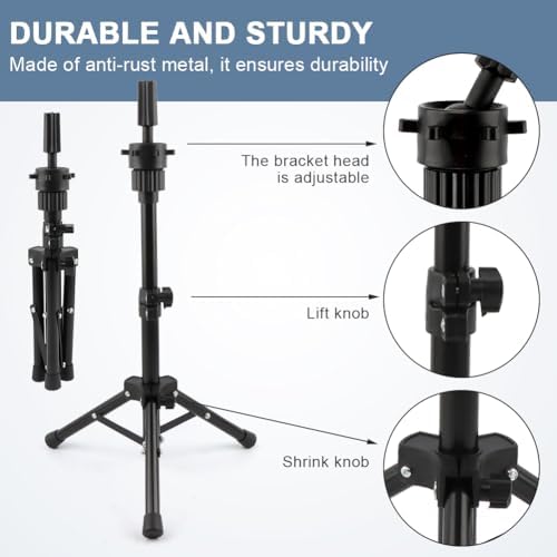 Mannequin Head Stand, 22 '' Height Adjustable Tripod Wig Stands for Styling, Wig Stand Tripod Tool Kit for Cosmetology Hairdressing Training with Caps, Pins, Comb, Hair Clips - Image 5