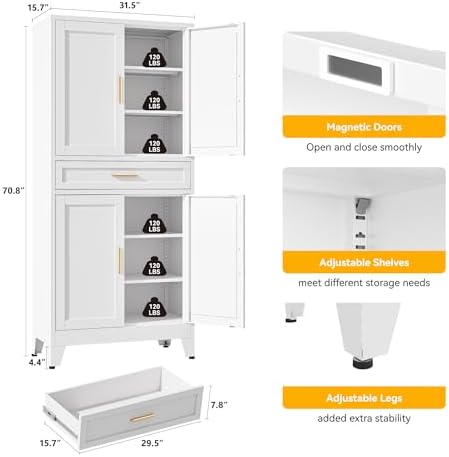 YAUWOH 71''Tall Kitchen Pantry Cabinet with Drawer,6-Tiers Metal Pantry Storage Cabinet with 4 Adjustable Shelves and 4 Barn Doors, Freestanding Farmhouse Food Cupboard for Dining Room (1PC,White) - Image 3