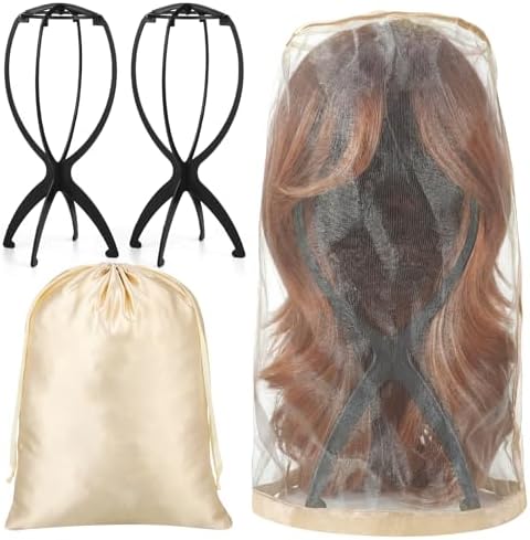 ProSuites 2 Pack Wig Stand with 2 Pcs Wig Storage Bags, Wig Holder Dust Cover with Travel Bag for Bundles, Wigs, Extensions, Tools - Wig Party Kit for Salon Home Use by ProSuites