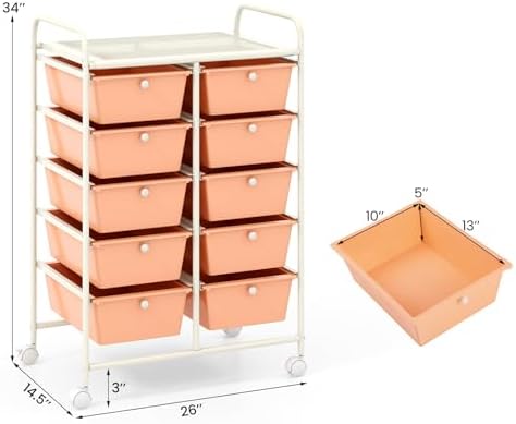 Giantex 10 Drawers Rolling Cart, Classroom Organizers, Storage Cart with Wheels, for Teacher Office Home School Supplies Tool Craft Art Paper, Peach Fuzz - Image 3