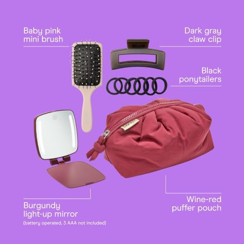 Conair Hair Accessories Kit for Women, Hair Clips, Hair Ties & Detangler Brush Set, No-Damage Styling Essentials for Travel & On-the-Go with Lighted Mirror & Puffer Bag, Burgundy - Image 2