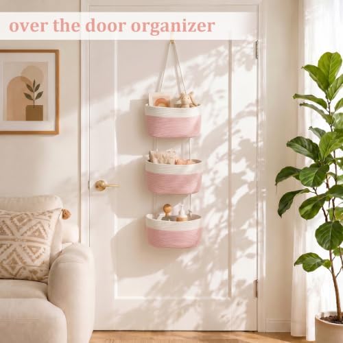 TeoKJ Over the Door Hanging Storage Basket 3 Tier Wall Organizer White&Pink - Image 2