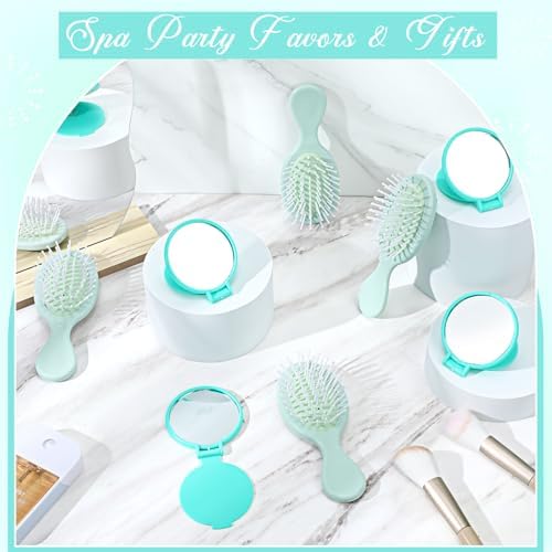 Meanplan 24 Pcs Mini Hair Brush Set Travel Wet Dry Hair Combs Pocket Detangling Compact Folding Makeup Mirrors for Spa Sleepover Birthday Bridal Shower Bachelorette Christmas Party Gift(Light Green) - Image 4