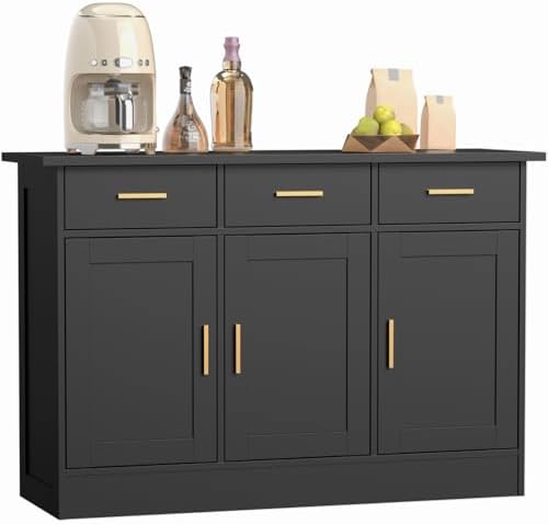 Buffet Cabinet with Storage - Buffets & Sideboards Kitchen Storage Cabinet, Wood Console Table Coffee Bar Accent Cabinets for Living Room Dining Room Entryway Large 3 Doors & Drawers, Black 47.2"W by CozyCastle