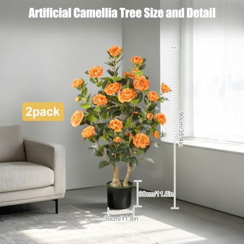 Artificial Camellia Tree 2 Pack, 3FT Faux Camellia Plant with Orange Flowers Lifelike, Faux Greenery for Living Room, Patio, or Wedding - Image 2