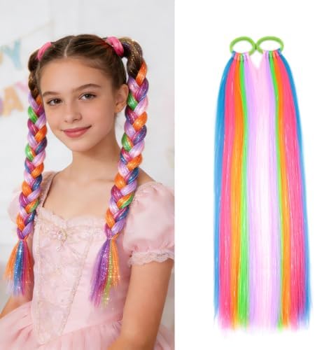 Rainbow Colorful Hair Tinsel Extensions for Women Ponytail Hair With Rubber Band Daily Party Festival Crazy Day Girls Accessories Synthetic Hair Pieces 2pcs/lot by Szphoxer