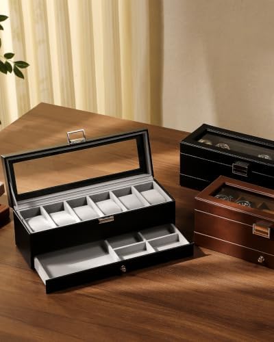Watch Box for Men, 6 Slot Watch Case with Glass Lid Fits 48mm - Image 6