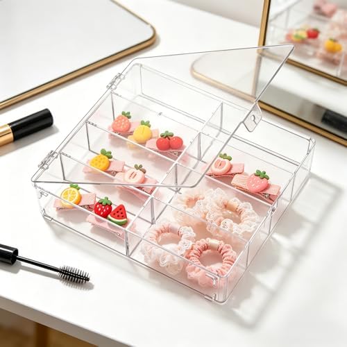 2 Pcs Hair Accessories Organizers with 8 Compartments and Lids Clear Storage Boxes for Headbands Bows Clip Scrunchies Hair Tie Organizer for Bathroom Bedroom Vanity Countertop - Image 3