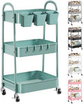 3 Tier Green Metal Rolling Cart with Lockable Wheels, 3 Tiered Roller Shelf by Recximi