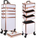 5 in 1 Rolling Makeup Train Case Professional Cosmetic Trolley Large Storage Organizer on Wheels for Hairstylist Artist Nail Beauty Salon Barber White - Gold Frame by Unknown