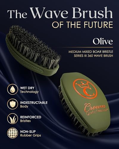 360 Wave Brush, Curved MEDIUM Mixed Boar Bristle, OLIVE, Waterproof - Image 2