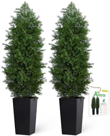 Aveyas 5ft Artificial Cedar Topiary Trees, 5 ft Faux Potted Plants Evergreen Fake Pine Cypress Tree for Outdoor Porch Home Outside Door Decor (5 Feet Tall Including Raised Pot) - Set of 2 Pack by Aveyas