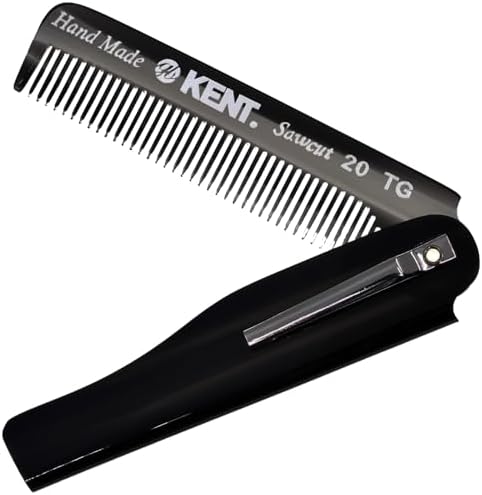 Kent 20T Black Graphite Handmade Folding Pocket Comb for Men, Fine Tooth Hair Comb Straightener for Everyday Grooming Styling Hair, Beard or Mustache, Use Dry or with Balms, Saw Cut, Made in England by KENT