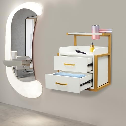Suspended Salon Wall Cabinet with 2 Drawers & Hair Dryer Holder, Storage Cabinet for Hair Salon, Wall Mounted Styling Station, 15.75'' Wide Storage for Hair Salons, Spas, Home Use (Gold) - Image 3