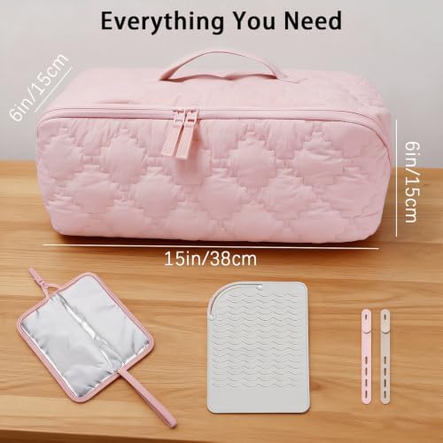 Hair Tools Travel Bag 5-Piece Set with Heat Resistant Mat Insulated Pouch and 2 Cord Straps, Large Fabric Organizer for Hot Brush Curling Iron Flat Iron Hair Dryer, Available in Pink - Image 4