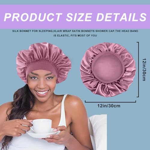 FIRSTPELLA 4PCS Silk Satin Bonnets for Black Women & Men - Elastic Wide Band Hair Wrap Cap for Curly Hair - Shower Cap for Sleeping (Black & Bean Paste Pink & Purple & Brown) - Image 2