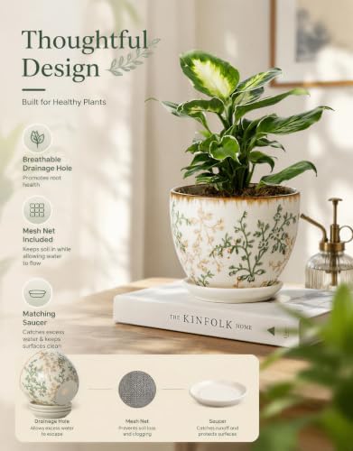 Retro Ceramic Garden Pots, 5.8 Inch Plant Pots with Drainage and Attached Saucer Set of 4, Chinoiserie Floral Large Flower Pots for Home Decor, Plant Lover Gifts, White Green - Image 4