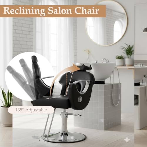 Black Reclining Salon Barber Chair for Hair Stylist, Professional Hair Stylist Chairs with Heavy Duty Hydraulic Pump, All Purpose Styling Hairdresser Braiding Shampoo Chair for Spa Home Euipment - Image 3