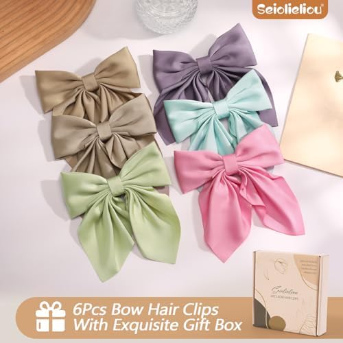 Seiolieliou 6Pcs Hair Bows for Women, Silky Satin Bow Hair Clips for Girls - Image 6