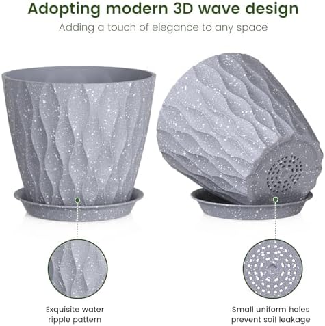 Meowell 7 inch Plant Pots for Indoor Outdoor Plants, 5 Pack Thick Flower Pots with Drainage Holes and Saucers, 3D Modern Wave Texture Plastic Planter Nursery Pots, Speckled Grey - Image 3