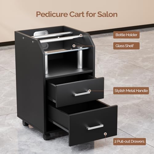 OmySalon Pedicure Cart, Foot Bath Trolley with Storage Drawer & Bottle Racks, Portable Salon Station for Esthetician Manicure & Foot Massage, Beauty Spa Supplies with Locking Wheels, Black - Image 7