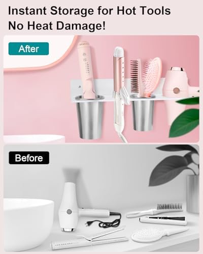 Hair Tool Organizer, Hair Dryer Holder with Heatproof Steel Cups, Acrylic Vanity Organizer for Curling Iron, Flat Iron & Hair Brushes, Perfect for Bathroom (White, Oversized) - Image 3