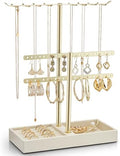 VLANDO 2 Tier Jewelry Stand Organizer with Tary, Leather Jewelry Holder Display for Women, Gold Jewlery Holder Stand for Necklace, Earring, Bracelet, Rings - Cloud White by VLANDO